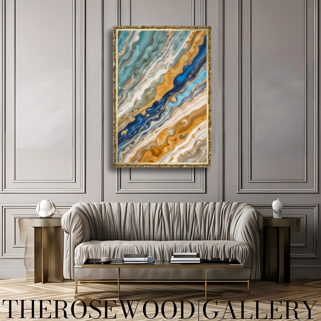 Digital Abstract Painting Art Modern Green Azur Gold Beige Pouring Painting