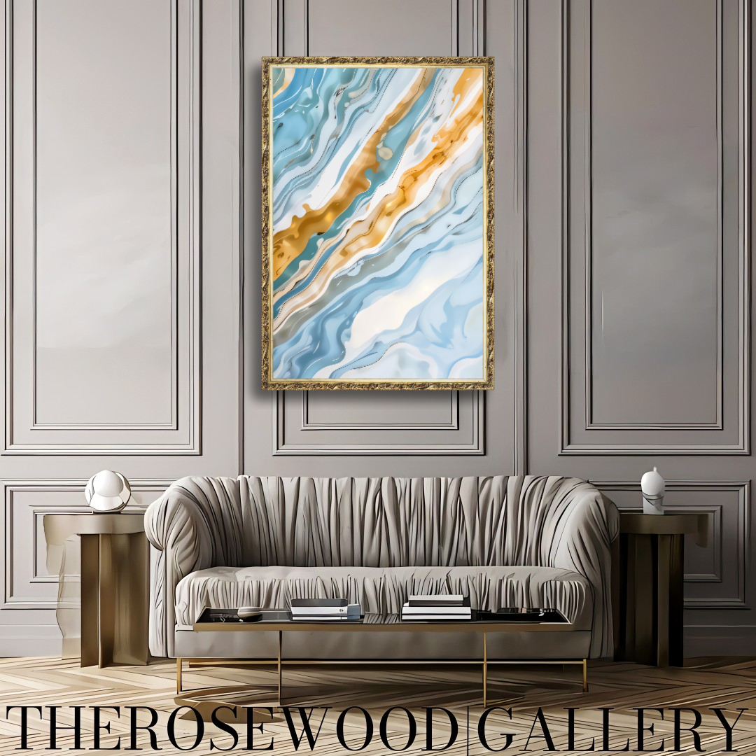 Abstract Painting Art Modern Goldeen Azur Blue Marine Wave Gold Beige Pouring Painting