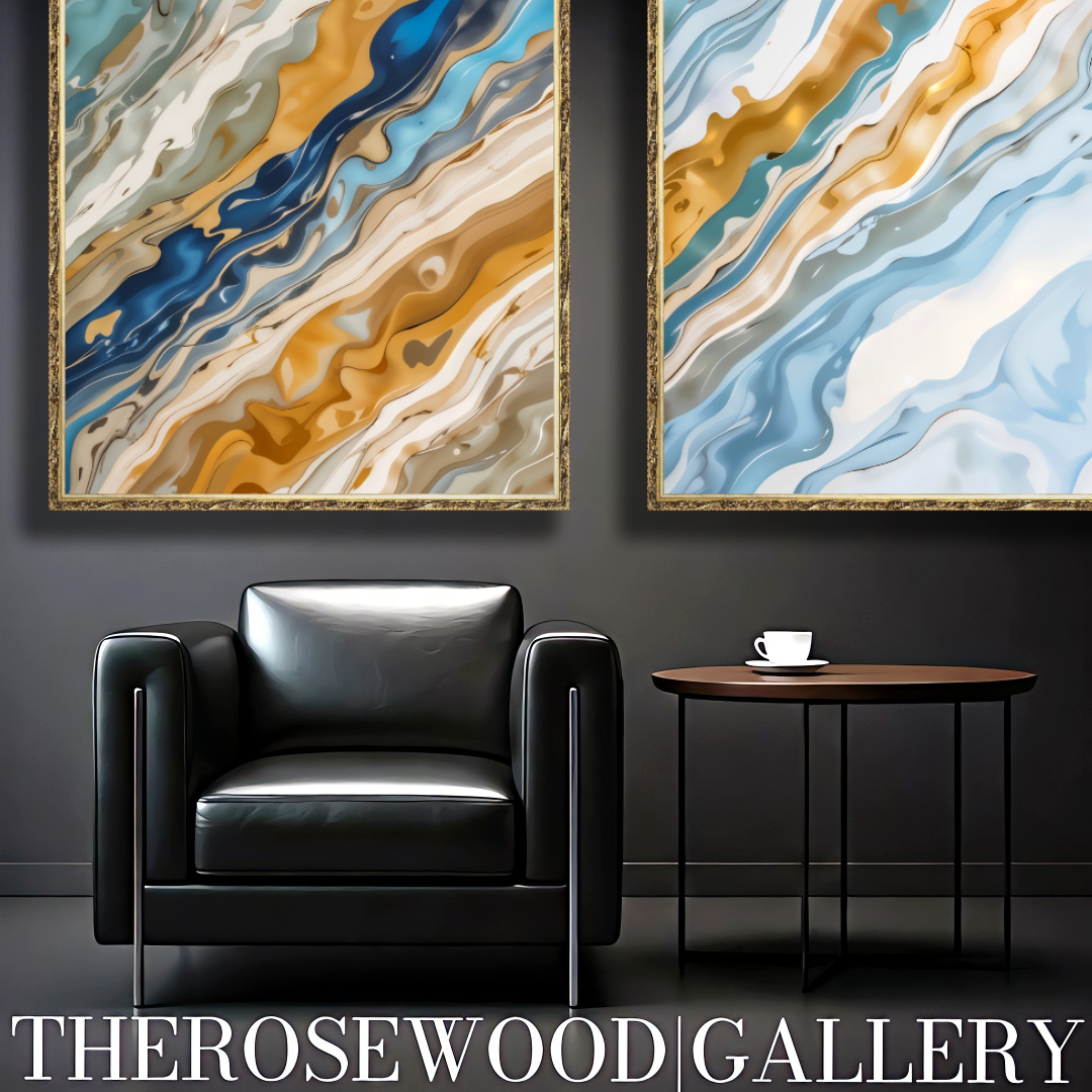 Digital Abstract Painting Art Modern Green Azur Gold Beige Pouring Painting