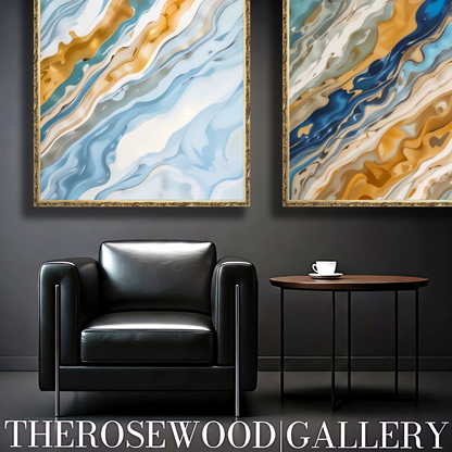 Abstract Painting Art Modern Goldeen Azur Blue Marine Wave Gold Beige Pouring Painting