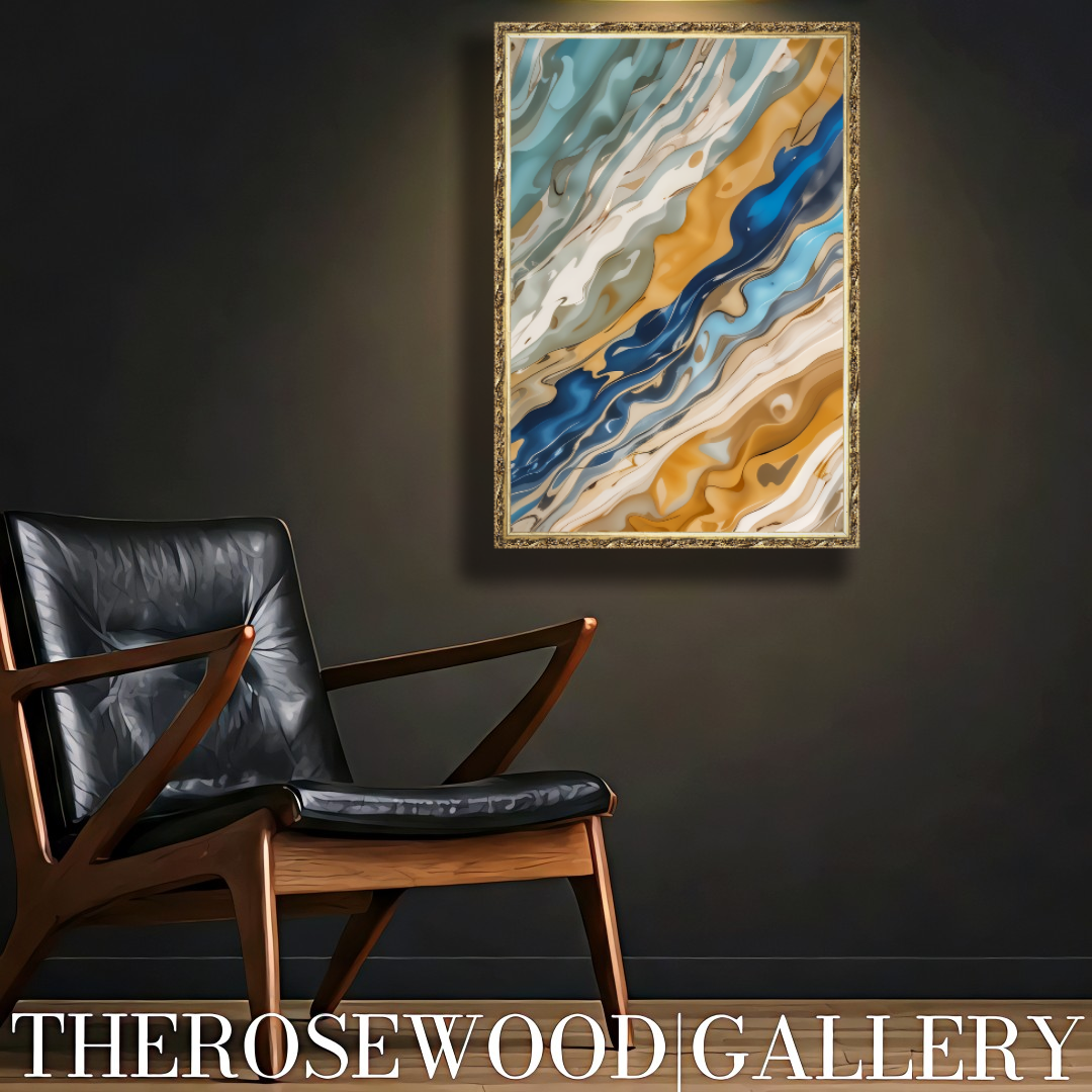 Digital Abstract Painting Art Modern Green Azur Gold Beige Pouring Painting