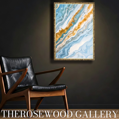 Abstract Painting Art Modern Goldeen Azur Blue Marine Wave Gold Beige Pouring Painting