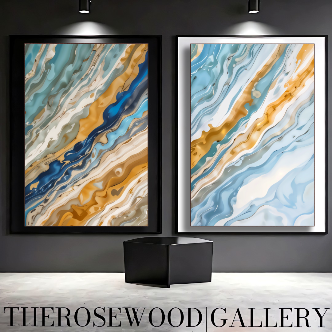 Digital Abstract Painting Art Modern Green Azur Gold Beige Pouring Painting