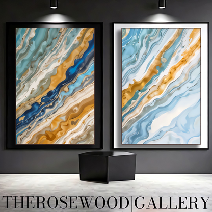 Abstract Painting Art Modern Goldeen Azur Blue Marine Wave Gold Beige Pouring Painting