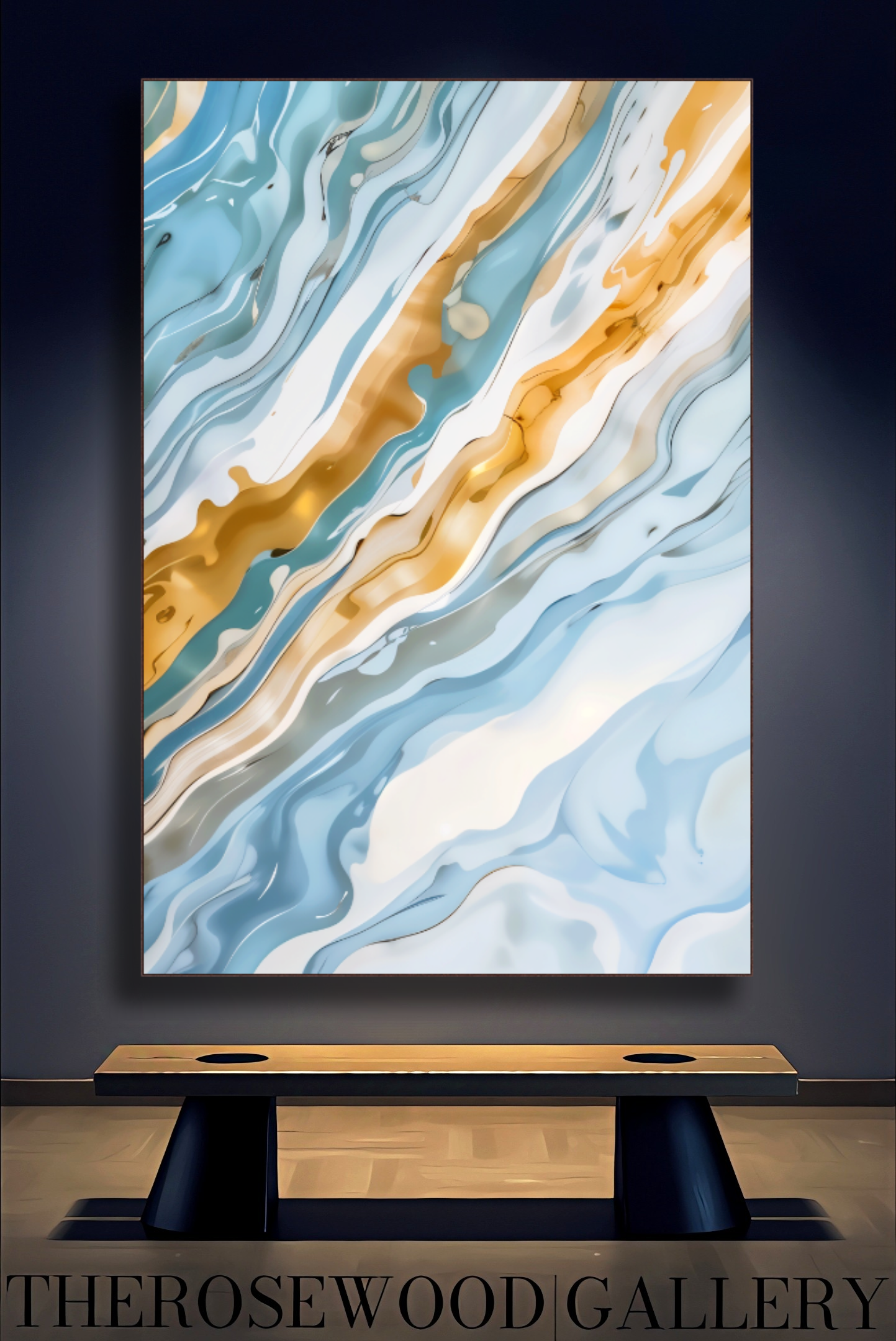 Abstract Painting Art Modern Goldeen Azur Blue Marine Wave Gold Beige Pouring Painting