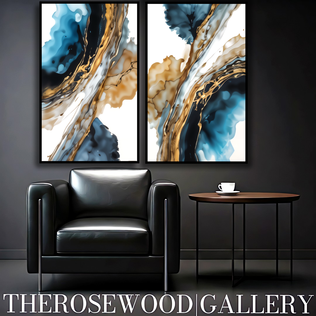 Abstract Modern Art Poster To Print Gold Blue Marine White Aquarelle Watercolor Effect