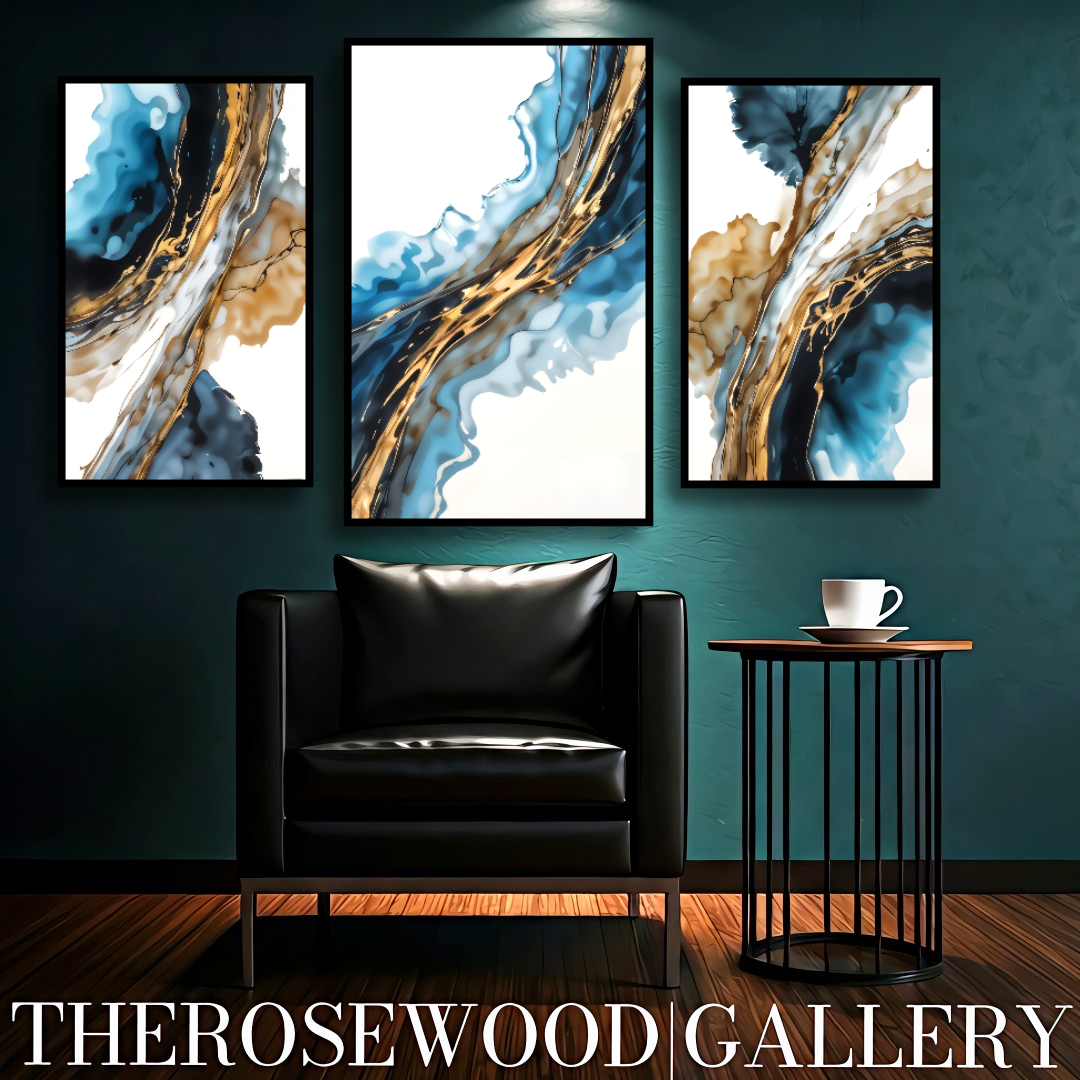 Abstract Modern Art Poster Black Lines Gold Light Blue Marine Deep Blue White Aquarelle Watercolor Effect