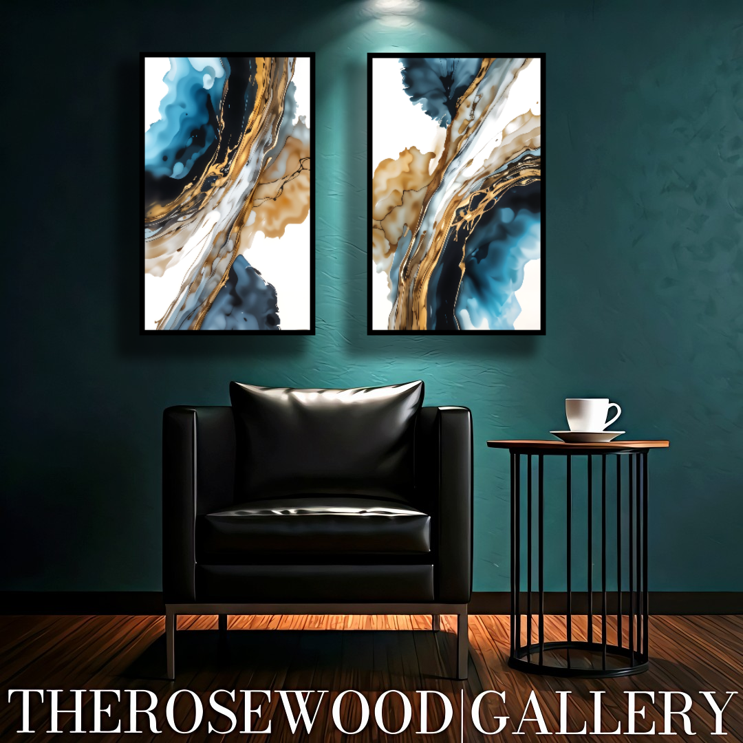 Abstract Modern Art Poster To Print Gold Blue Marine White Aquarelle Watercolor Effect