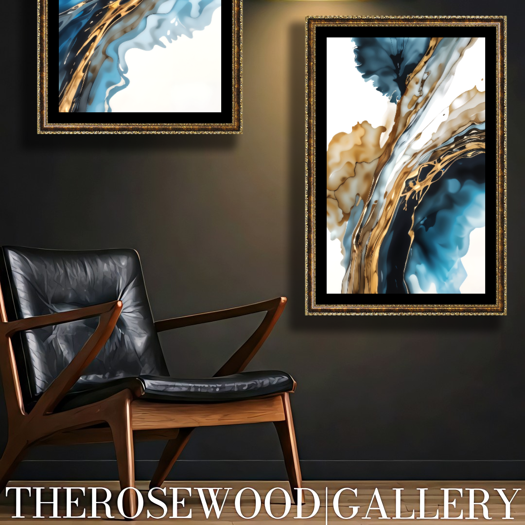 Abstract Modern Art Poster Black Lines Gold Light Blue Marine Deep Blue White Aquarelle Watercolor Effect