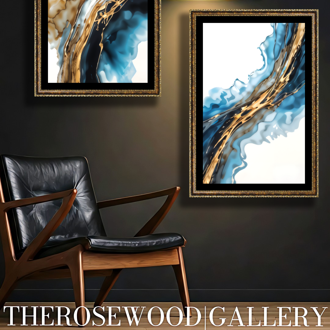 Abstract Modern Art Poster Gold Blue Marine Deep Blue White Aquarelle Watercolor Effect
