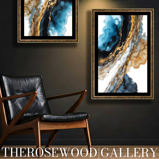 Abstract Modern Art Poster To Print Gold Blue Marine White Aquarelle Watercolor Effect