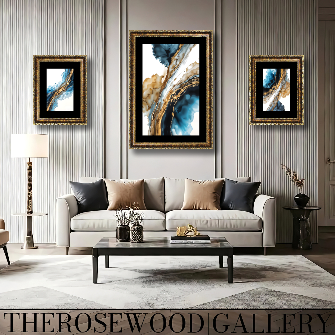 Abstract Modern Art Poster Black Lines Gold Light Blue Marine Deep Blue White Aquarelle Watercolor Effect