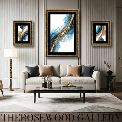 Abstract Modern Art Poster Gold Blue Marine Deep Blue White Aquarelle Watercolor Effect
