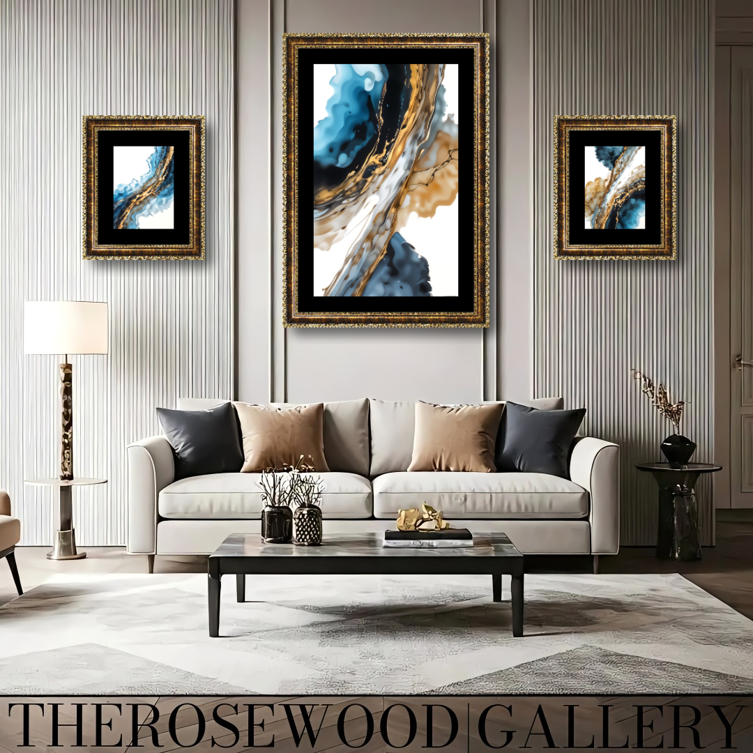 Abstract Modern Art Poster To Print Gold Blue Marine White Aquarelle Watercolor Effect