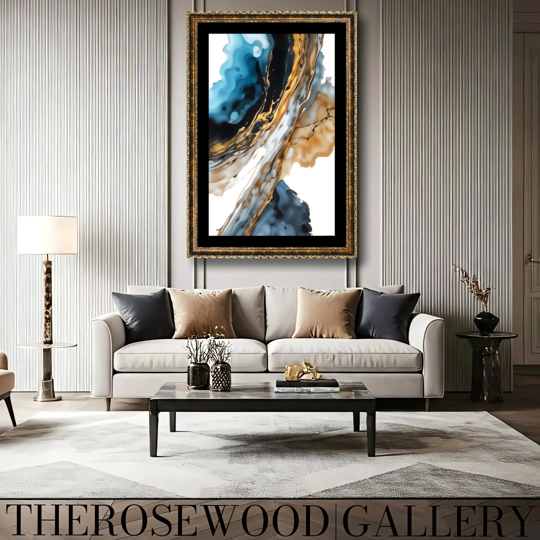 Abstract Modern Art Poster To Print Gold Blue Marine White Aquarelle Watercolor Effect