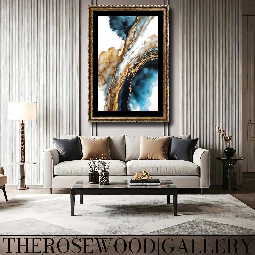 Abstract Modern Art Poster Black Lines Gold Light Blue Marine Deep Blue White Aquarelle Watercolor Effect