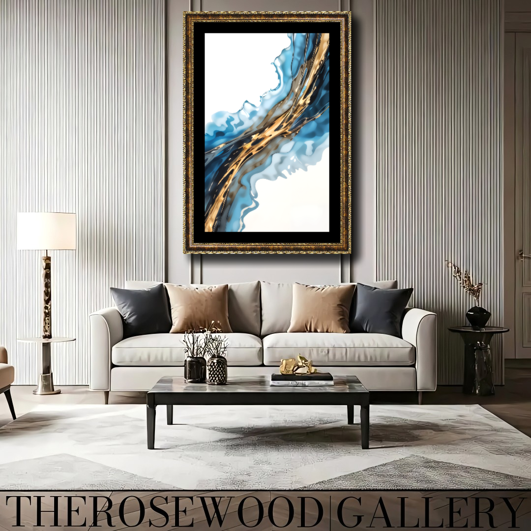 Abstract Modern Art Poster Gold Blue Marine Deep Blue White Aquarelle Watercolor Effect
