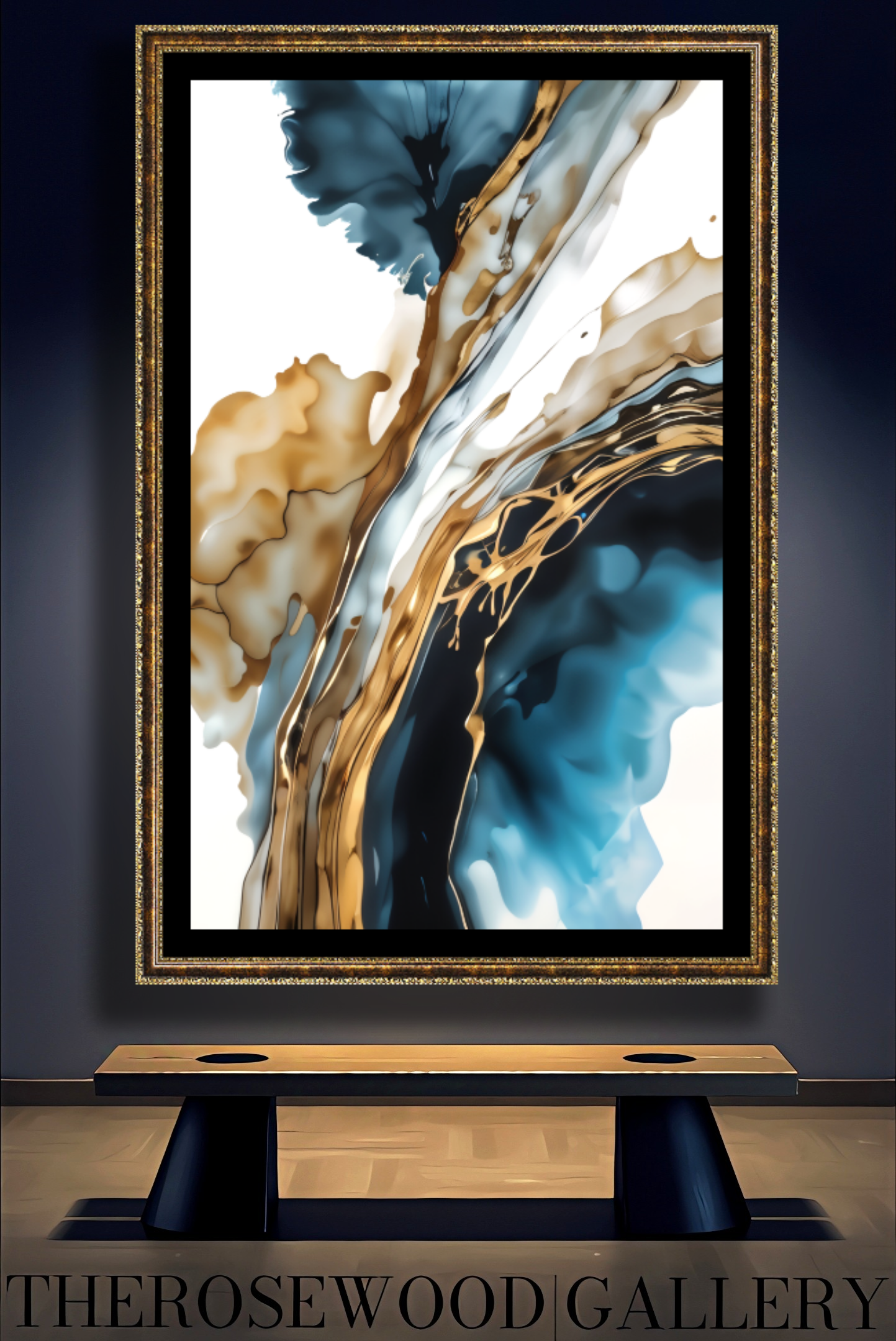 Abstract Modern Art Poster Black Lines Gold Light Blue Marine Deep Blue White Aquarelle Watercolor Effect