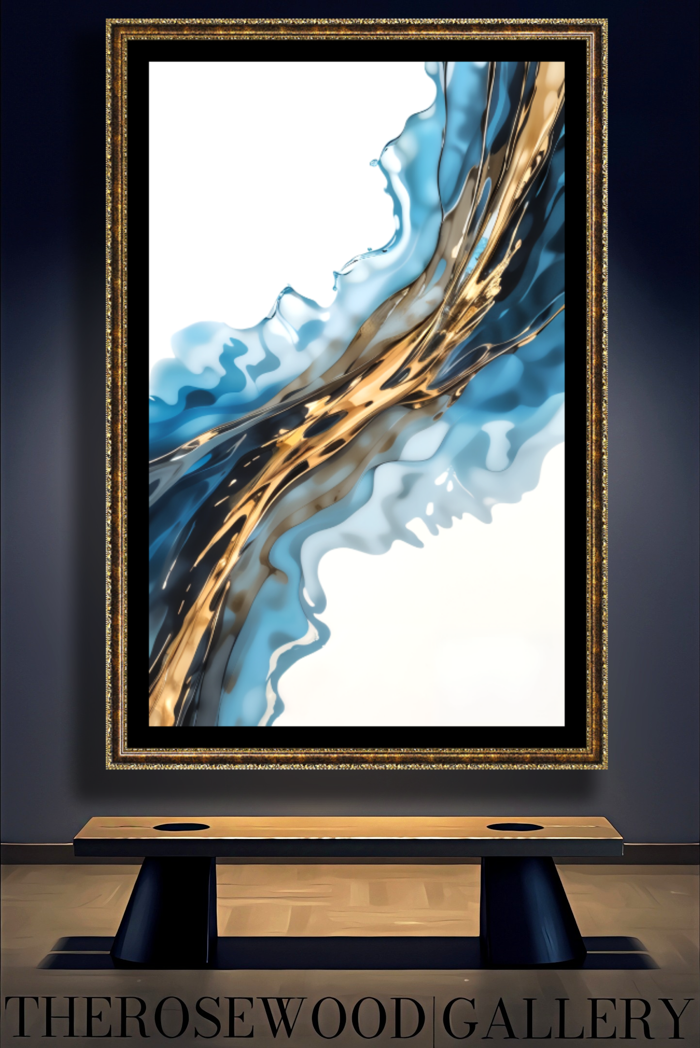 Abstract Modern Art Poster Gold Blue Marine Deep Blue White Aquarelle Watercolor Effect