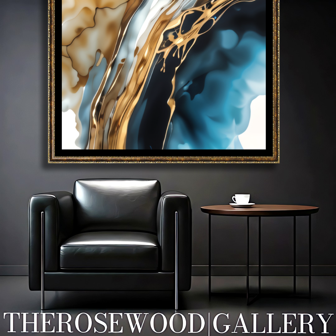 Abstract Modern Art Poster Black Lines Gold Light Blue Marine Deep Blue White Aquarelle Watercolor Effect
