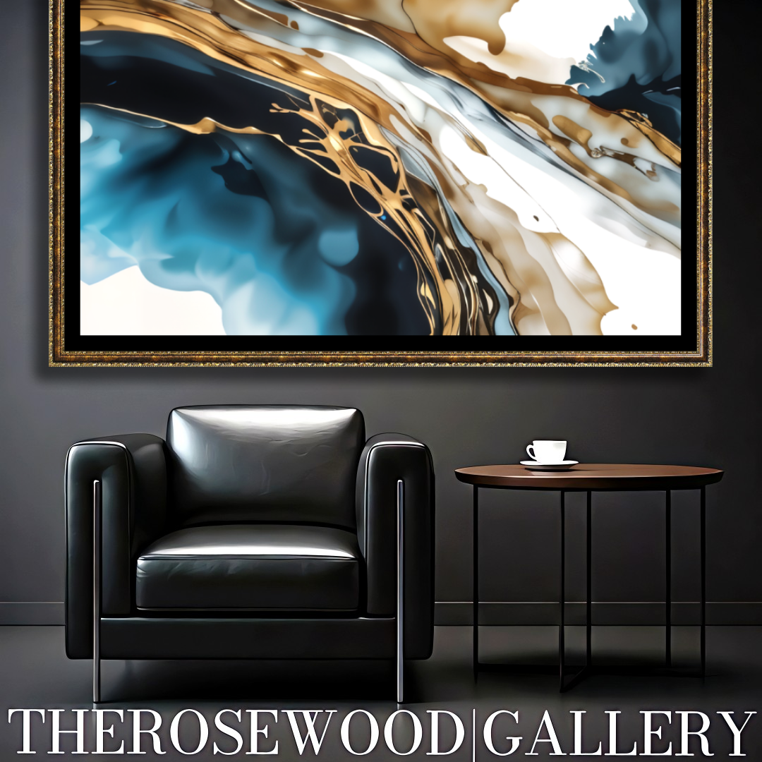 Abstract Modern Art Poster Black Lines Gold Light Blue Marine Deep Blue White Aquarelle Watercolor Effect