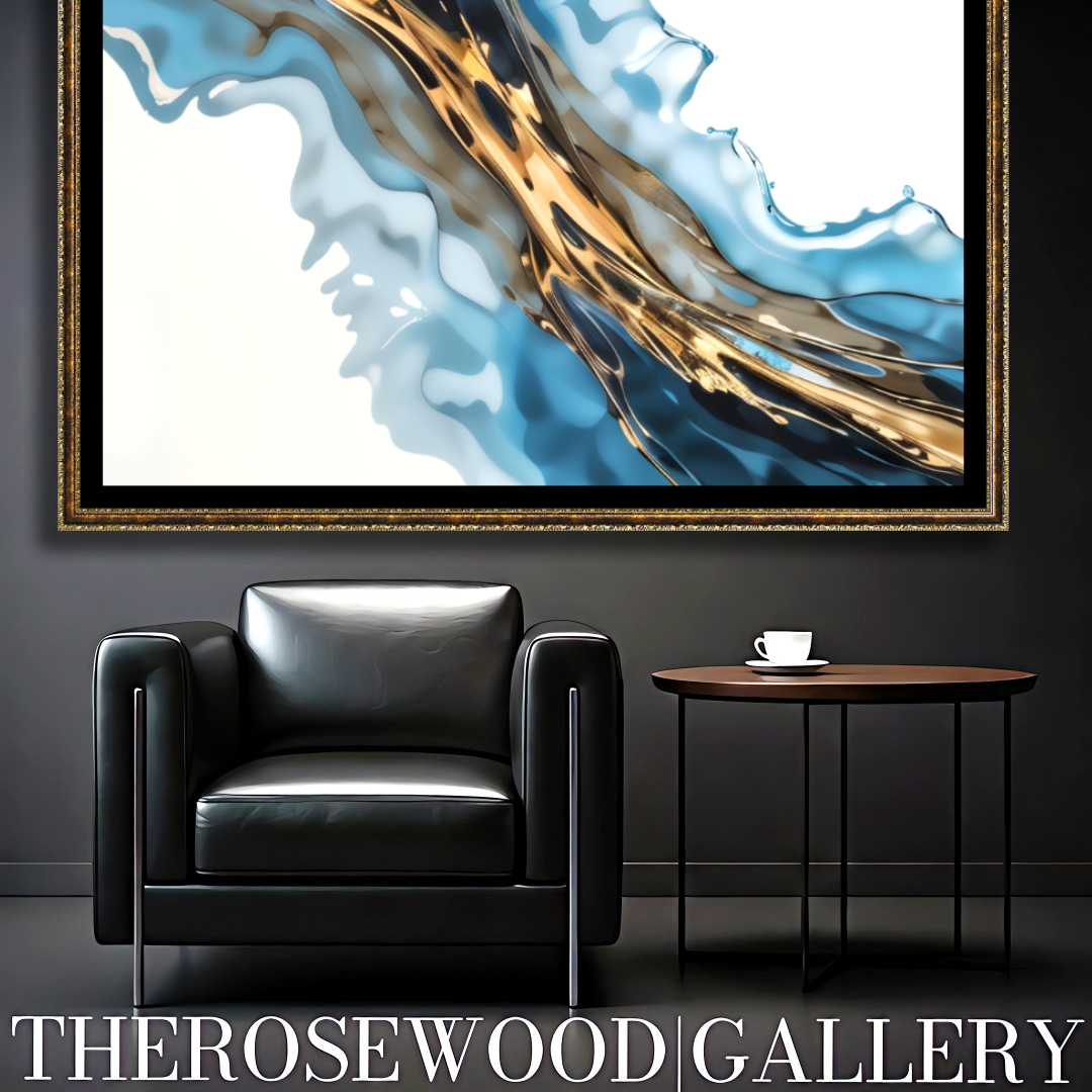 Abstract Modern Art Poster Gold Blue Marine Deep Blue White Aquarelle Watercolor Effect