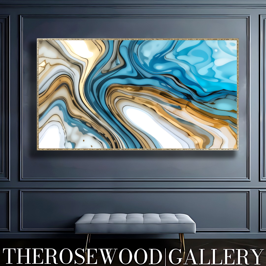 Abstract Art Soft Blue Azur Light Turquoise Classical Artwork Digital Zen Pouring Painting Waving Artwork