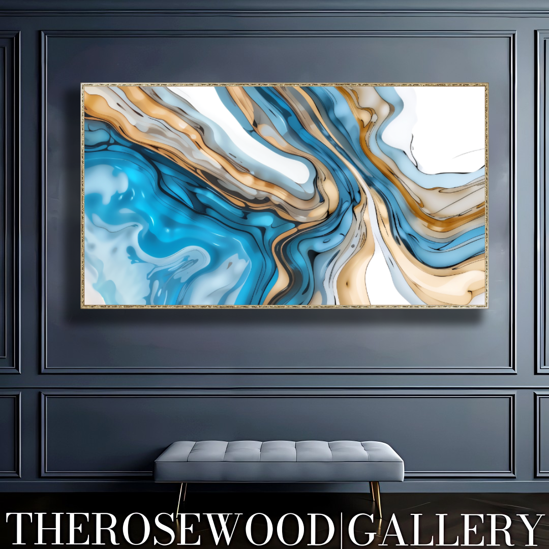 Abstract Art Soft Blue Azur Light Turquoise Classical  Artwork Pouring Painting Wave