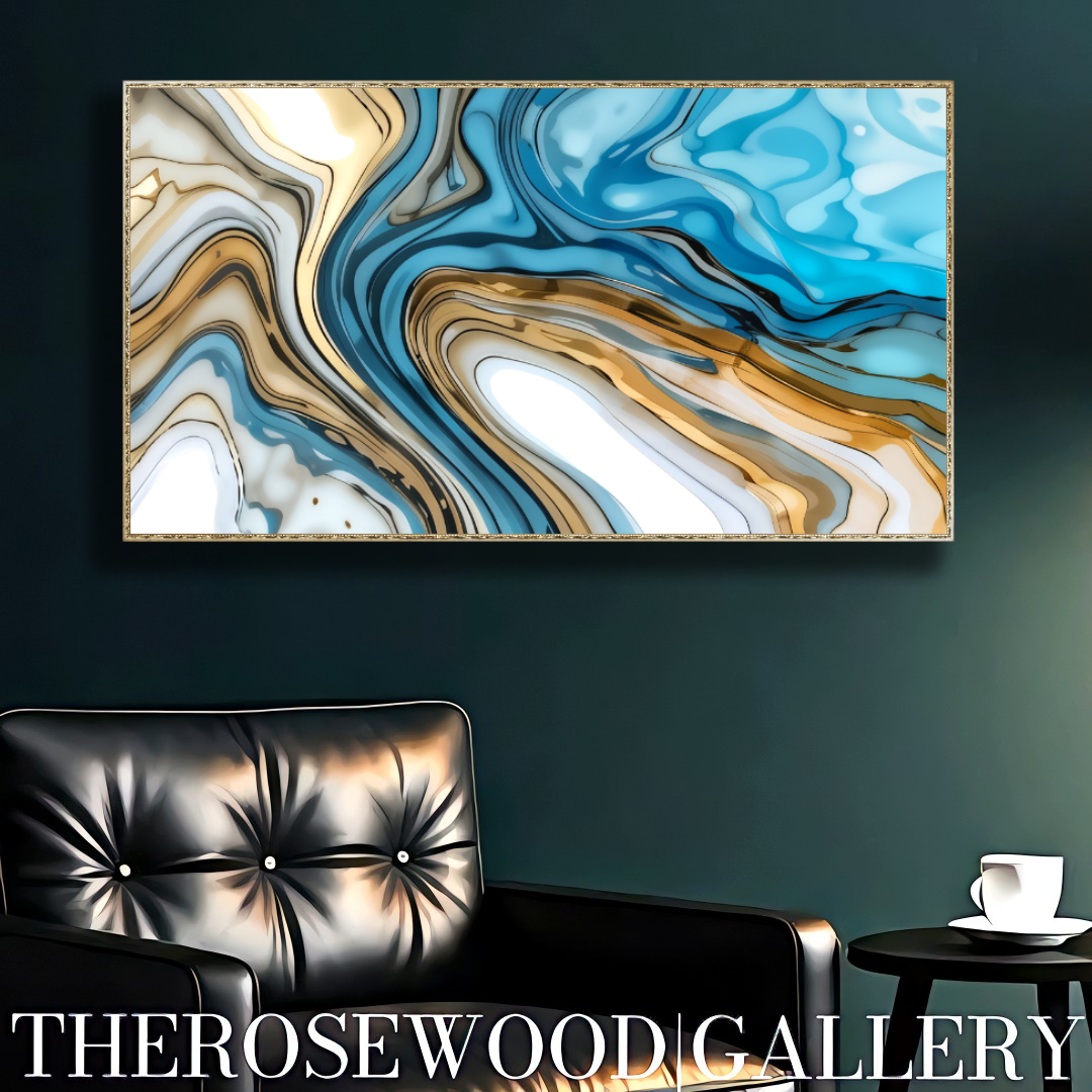 Abstract Art Soft Blue Azur Light Turquoise Classical Artwork Digital Zen Pouring Painting Waving Artwork