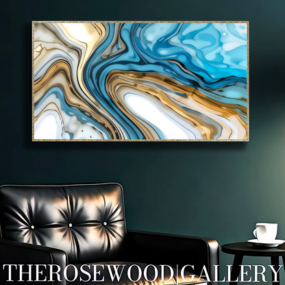 Abstract Art Soft Blue Azur Light Turquoise Classical Artwork Digital Zen Pouring Painting Waving Artwork