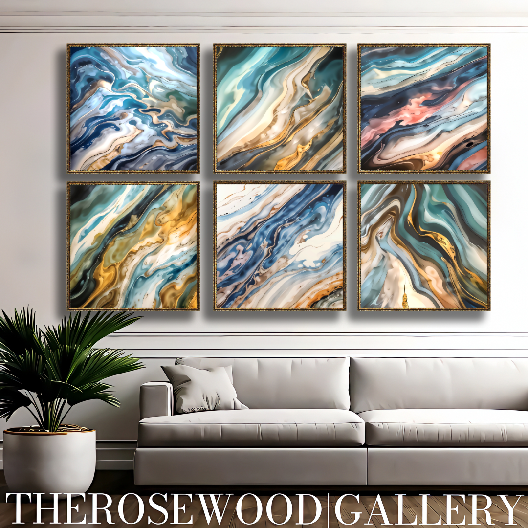 Abstract Contemporary Art Soft Blue Beige Light Turquoise Golden Azur Pouring Painting Wave