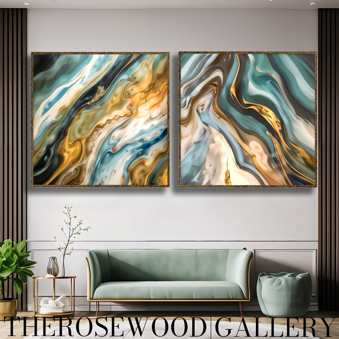 Abstract Contemporary Art Azur Green Dark Gold Light Blue Turquoise Marine Pouring Painting Wave