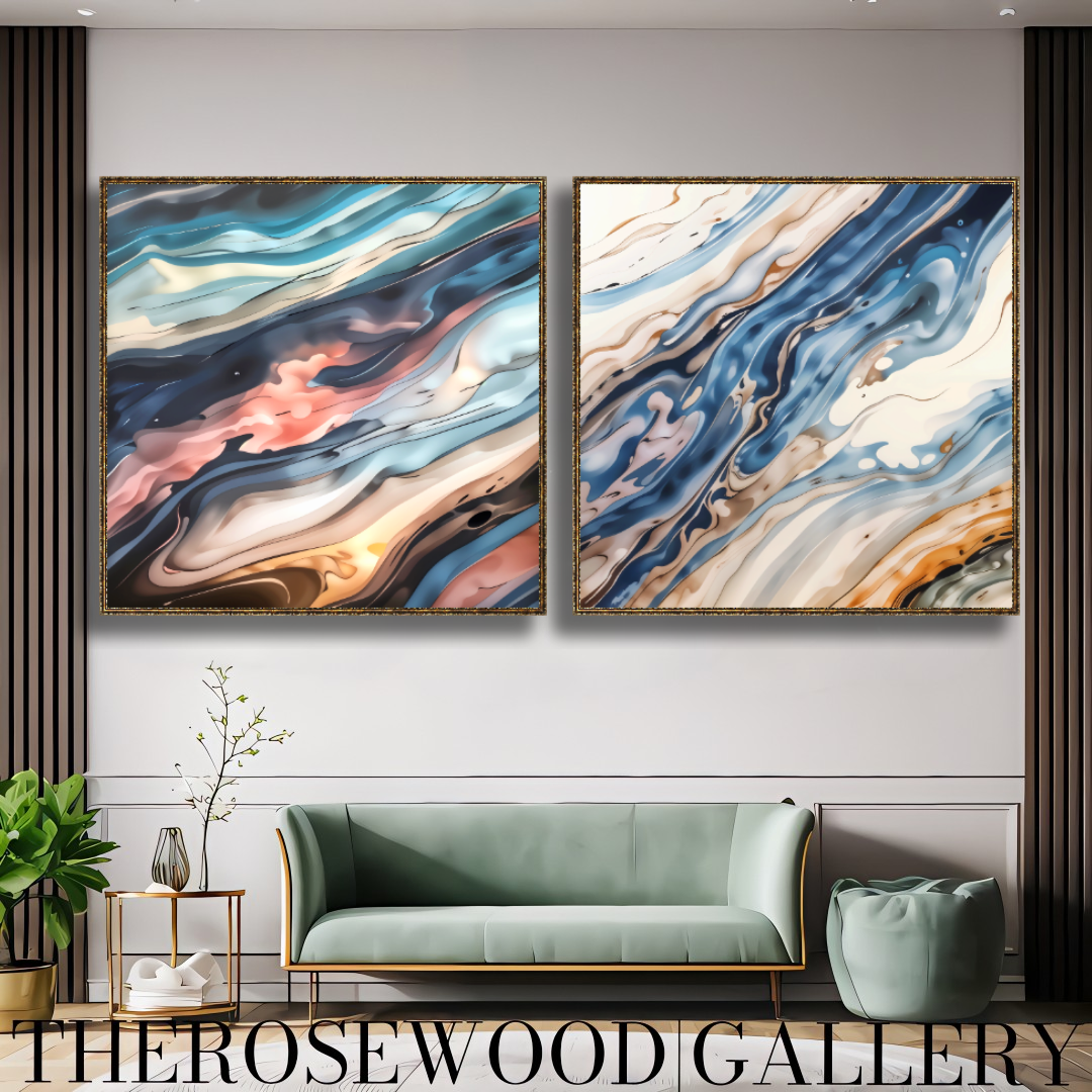 Abstract Contemporary Art Soft Pink Gold Light Blue Marine Pouring Painting Wave