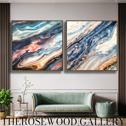 Abstract Contemporary Art Soft Pink Gold Light Blue Marine Pouring Painting Wave