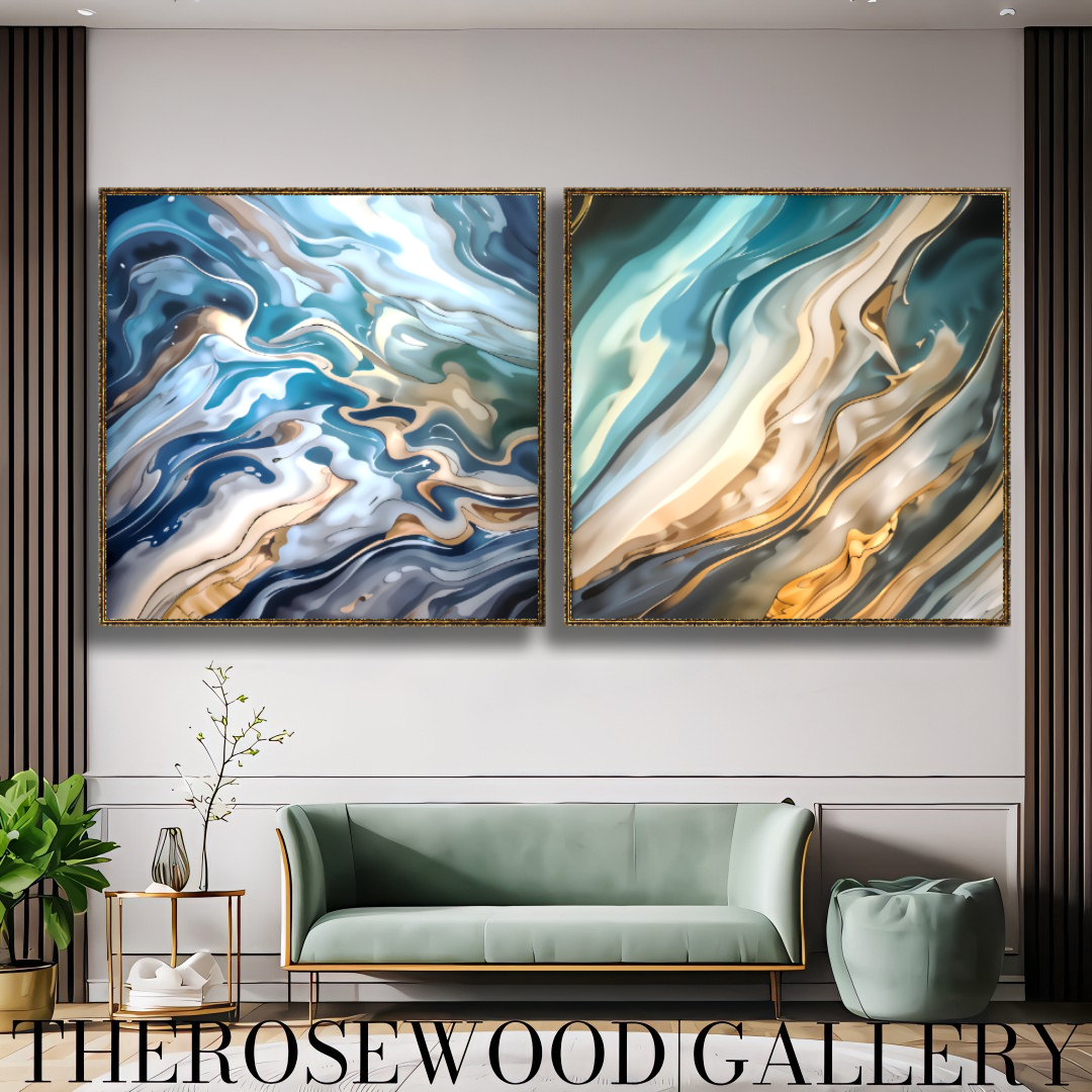 Abstract Contemporary Art Deep Gold Light Blue Marine Pouring Painting Wave
