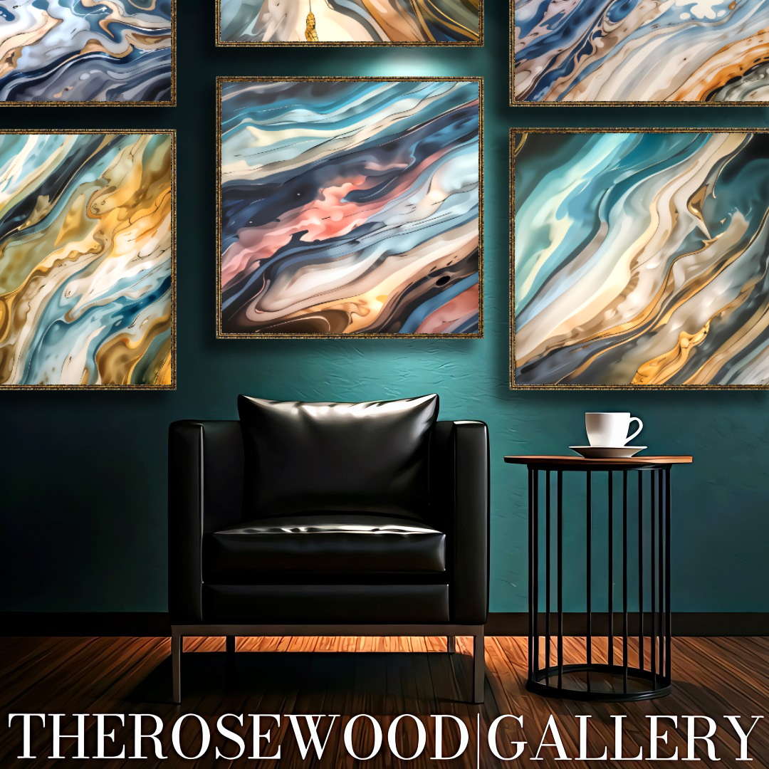 Abstract Contemporary Art Soft Pink Gold Light Blue Marine Pouring Painting Wave