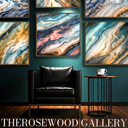 Abstract Contemporary Art Soft Pink Gold Light Blue Marine Pouring Painting Wave