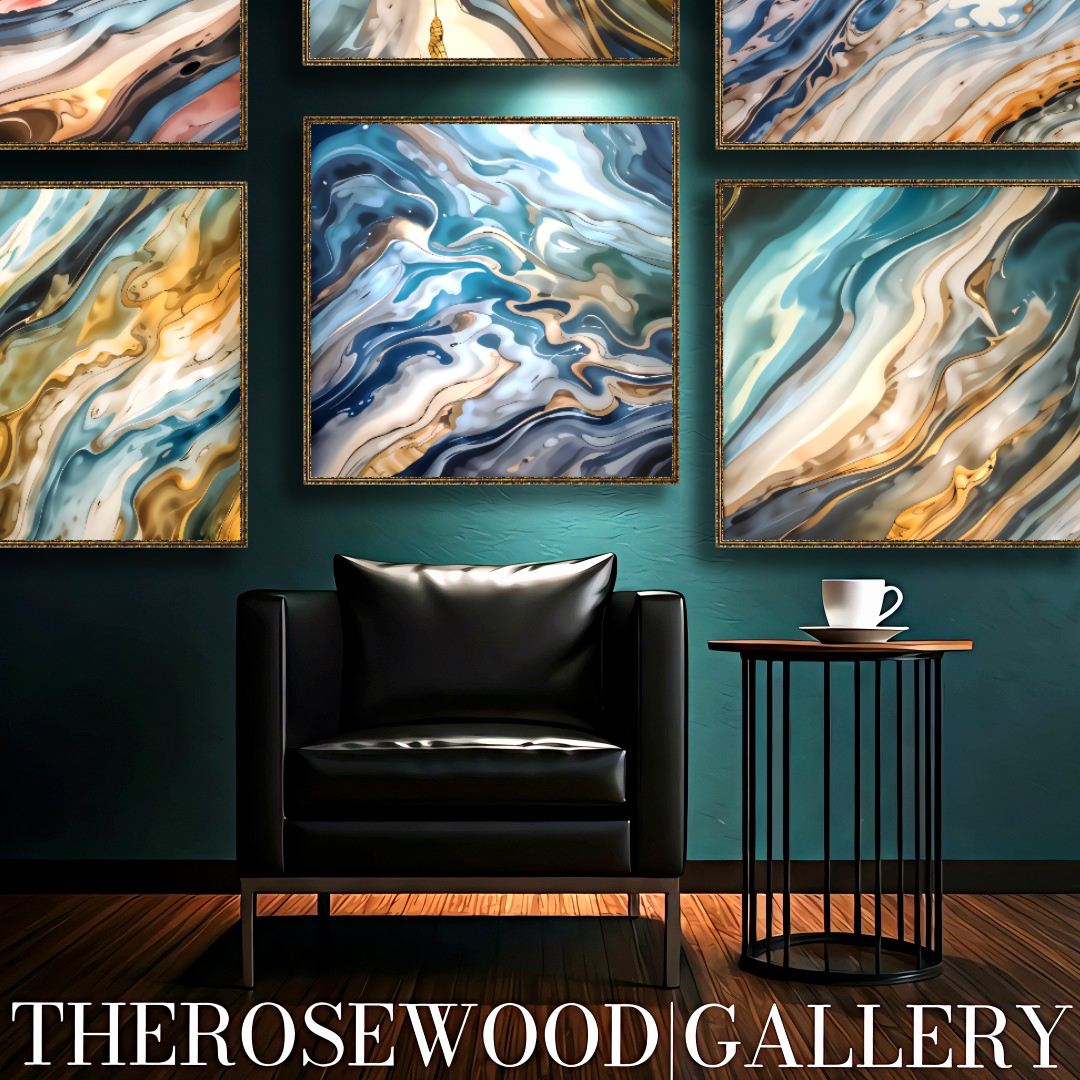 Abstract Contemporary Art Deep Gold Light Blue Marine Pouring Painting Wave