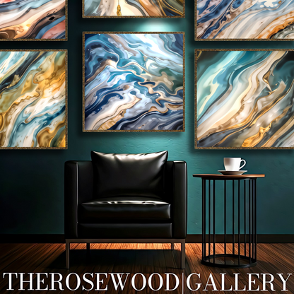 Abstract Contemporary Art Deep Gold Light Blue Marine Pouring Painting Wave