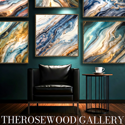 Abstract Contemporary Art Soft Blue Beige Light Turquoise Golden Azur Pouring Painting Wave