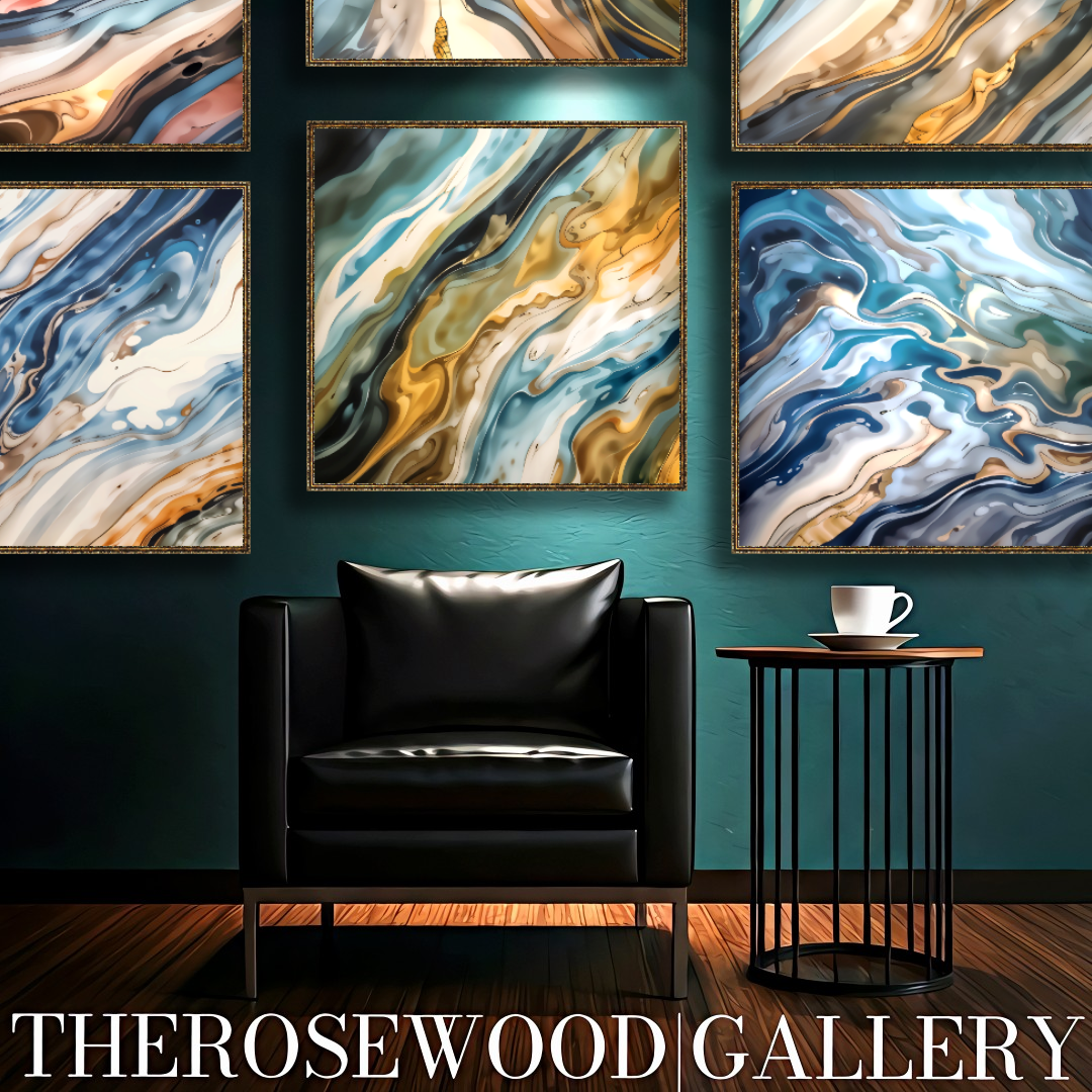 Abstract Contemporary Art Deep Green Dark Gold Light Blue Turquoise Azur Pouring Painting Wave