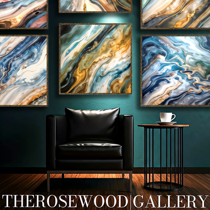 Abstract Contemporary Art Deep Green Dark Gold Light Blue Turquoise Azur Pouring Painting Wave