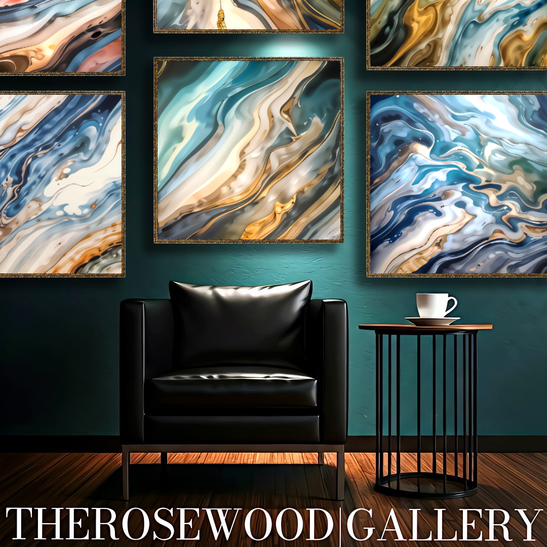 Abstract Contemporary Art Deep Green Dark Gold Light Blue Marine Pouring Painting Wave