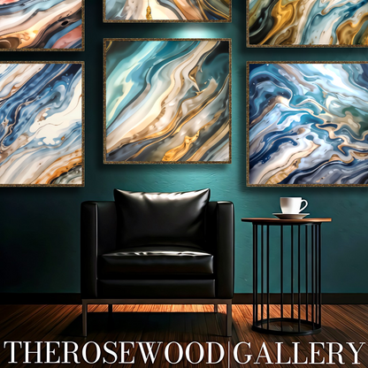 Abstract Contemporary Art Deep Green Dark Gold Light Blue Marine Pouring Painting Wave