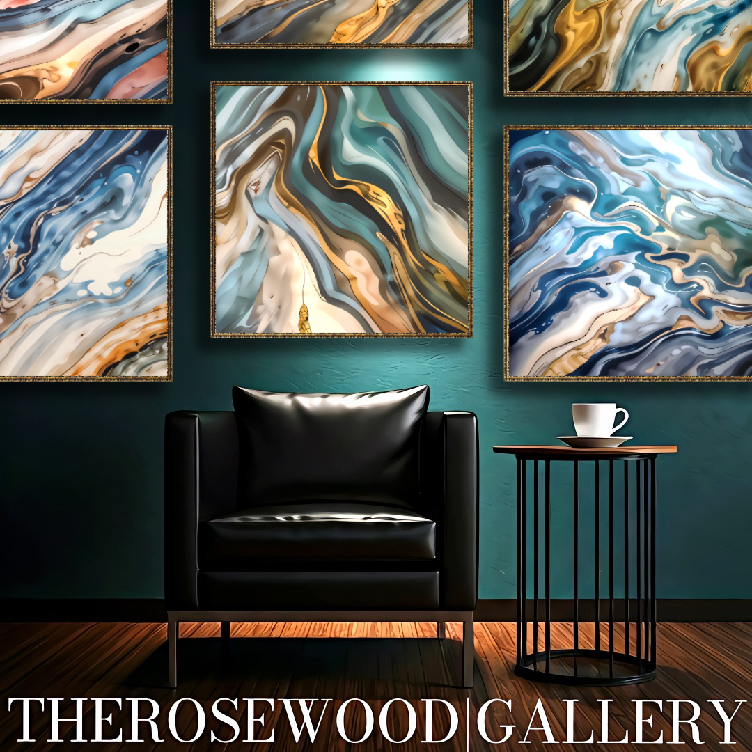 Abstract Contemporary Art Azur Green Dark Gold Light Blue Turquoise Marine Pouring Painting Wave
