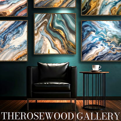 Abstract Contemporary Art Azur Green Dark Gold Light Blue Turquoise Marine Pouring Painting Wave