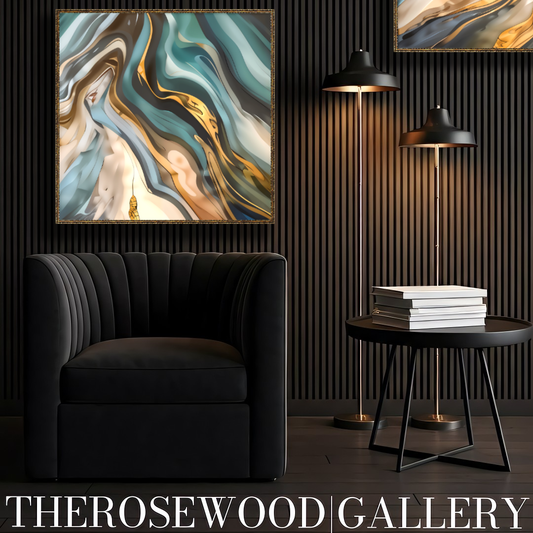Abstract Contemporary Art Azur Green Dark Gold Light Blue Turquoise Marine Pouring Painting Wave