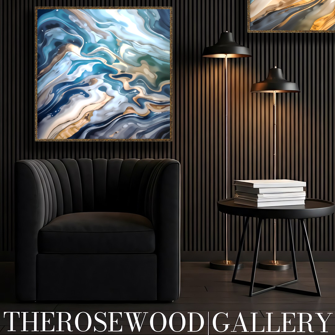 Abstract Contemporary Art Deep Gold Light Blue Marine Pouring Painting Wave