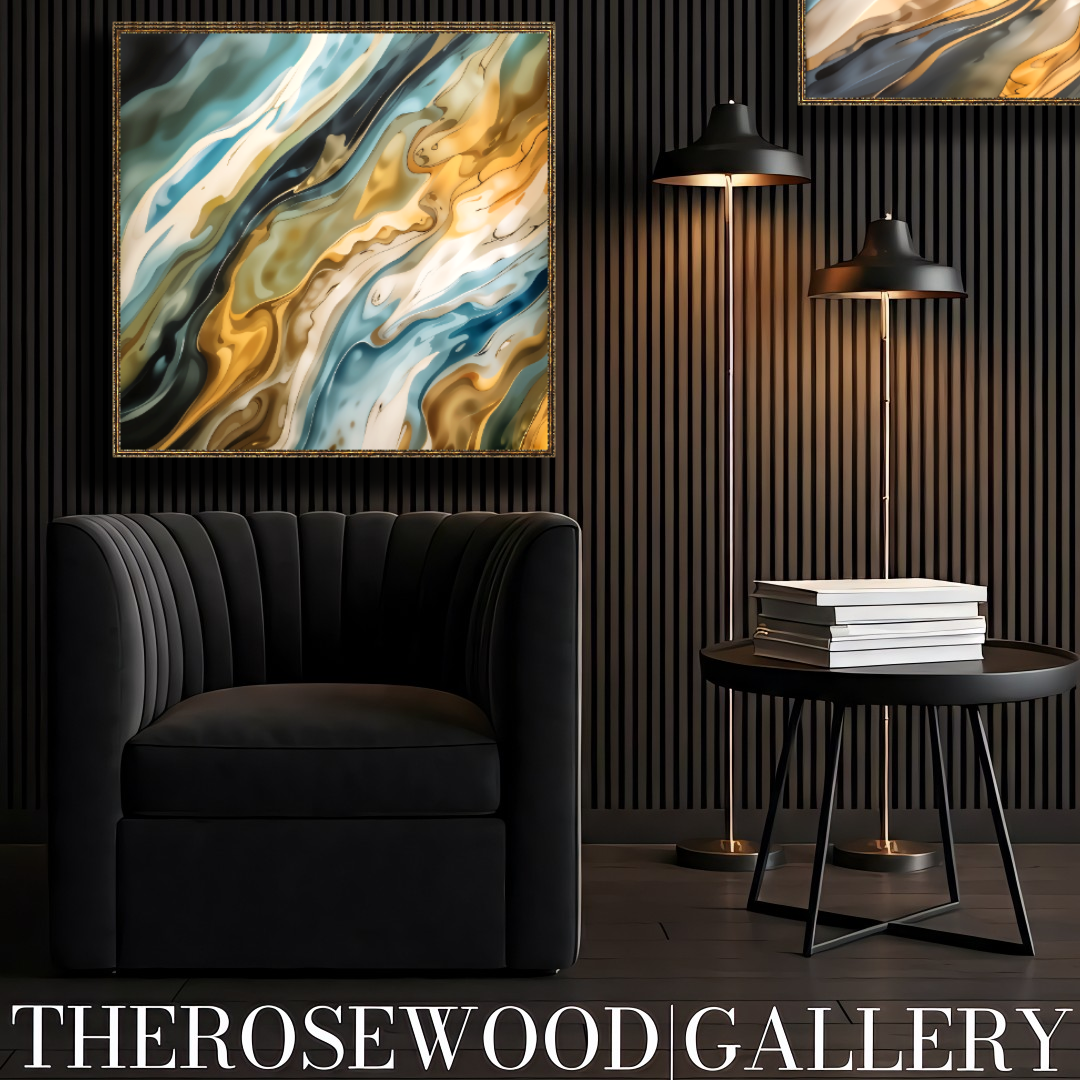 Abstract Contemporary Art Deep Green Dark Gold Light Blue Turquoise Azur Pouring Painting Wave