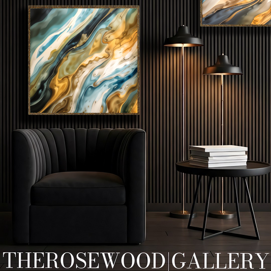 Abstract Contemporary Art Deep Green Dark Gold Light Blue Turquoise Azur Pouring Painting Wave